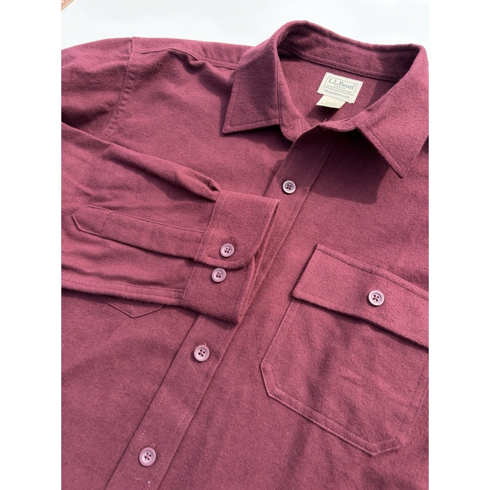 LL Bean Traditional Fit Chamois Flannel Shirt Size Large Maroon Burgundy #187923